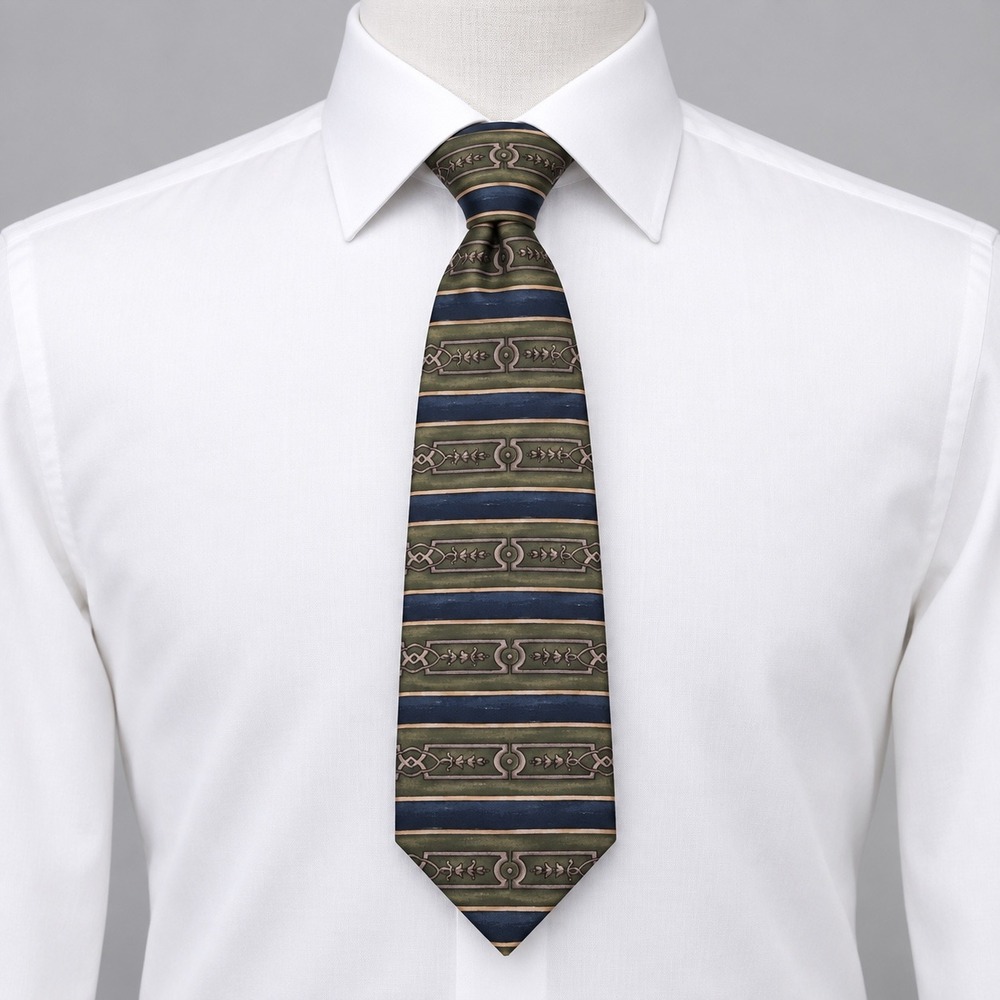 Bill Blass Necktie Mens Blue Green Striped Medallion Classic Silk Professional